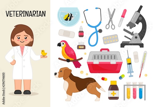 Vector character veterinarian. Illustrations of veterinarian equipment. Set of cartoon professions.