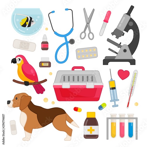 Vector set of veterinary icons. Illustration of Pets and tools for treating animals.