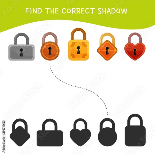 Educational  game for children. Find the right shadow. Kids activity with cartoon locks.