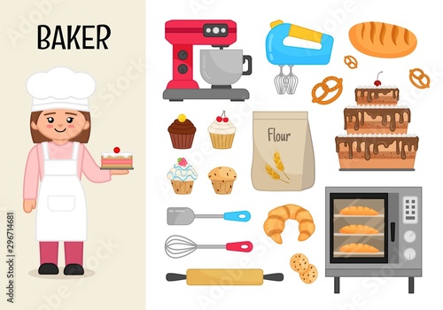 Vector character baker. Illustrations of baker equipment. Set of cartoon professions.