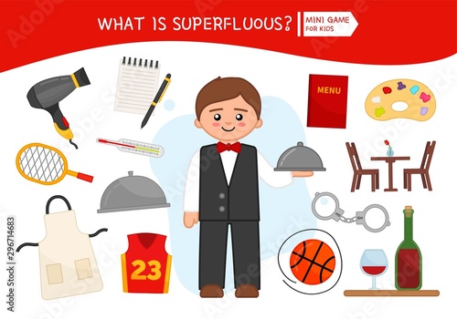 Educational game for children. Cartoon waiter. Circle the objects that is unnecessary. 
