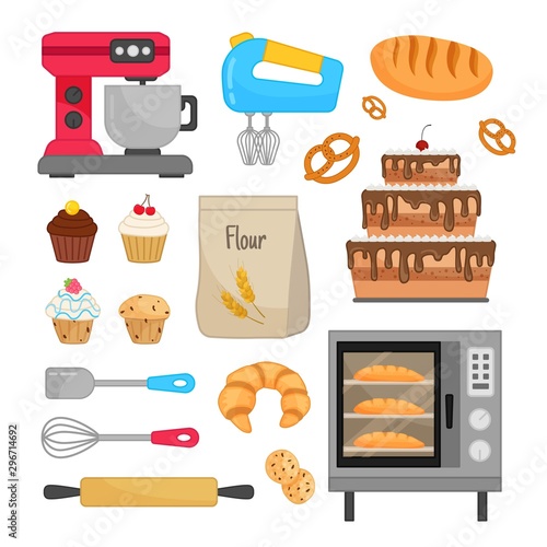 Vector set of baking equipment. Home bakery. Illustration of cakes, cupcakes, bread and other pastries.