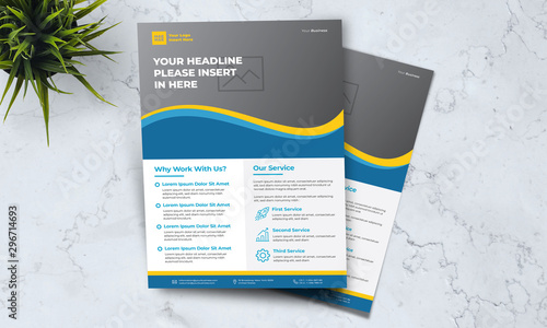 A4 business template flayer vol 29 with orange, blue, white and grey color cmyk ready to print in vector editable layer