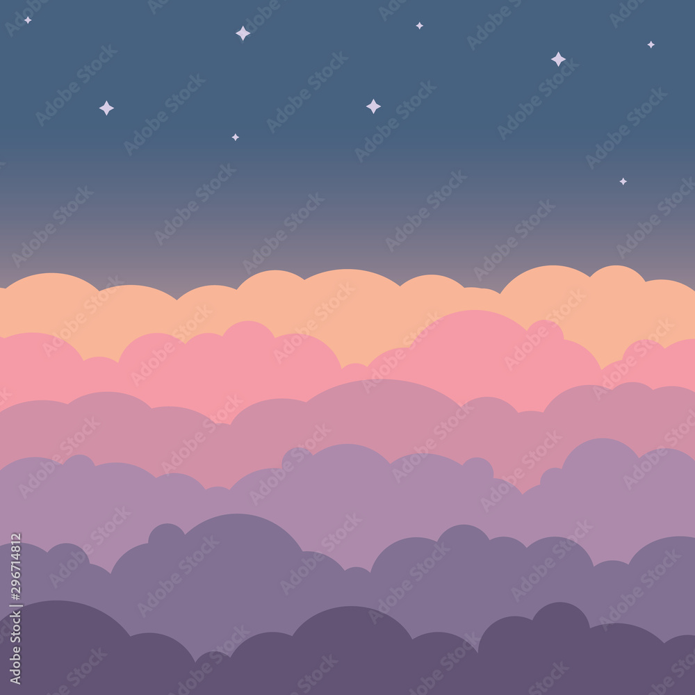 Cloud sky beautiful cartoon background. Night sky with colorful clouds flat poster or flyer, cloudscape panorama 