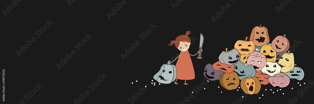 Banner with a pretty smiling little girl with a huge knife carries the big pumpking. Funny Halloween vector illustration, place for invitation or other text Banner with a pretty smiling little girl with a huge knife carries the big pumpking. Funny Halloween vector illustration, place for invitation or other text