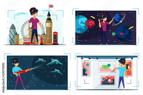 Boy in VR helmet flat vector illustrations set