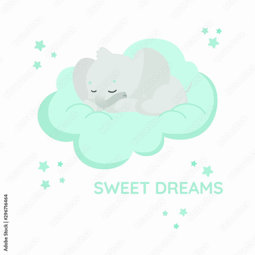Vector illustration of a baby elephant sleeping on a blue cloud. Around him are blue and blue stars. The little elephant has sweet dreams. The elephant folded his trunk. Limited palette. Vector illustration of a baby elephant sleeping on a blue cloud. Around him are blue and blue stars. The little elephant has sweet dreams. The elephant folded his trunk. Limited palette.
