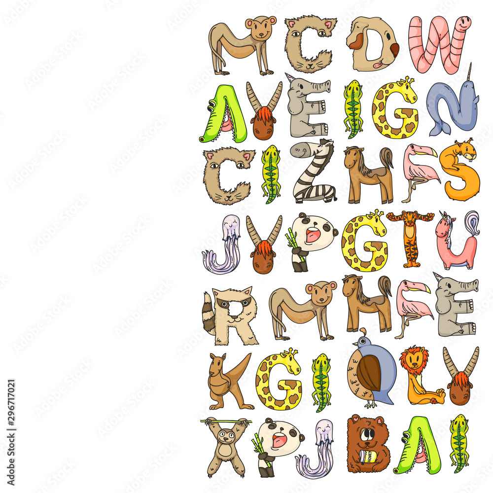 Animal alphabet. Zoo alphabet. Letters from A to Z. Cartoon cute animals. Elephant, dog, flamingo, giraffe, horse, alligator, bear, cat. Animal alphabet. Zoo alphabet. Letters from A to Z. Cartoon cute animals. Elephant, dog, flamingo, giraffe, horse, alligator, bear, cat.