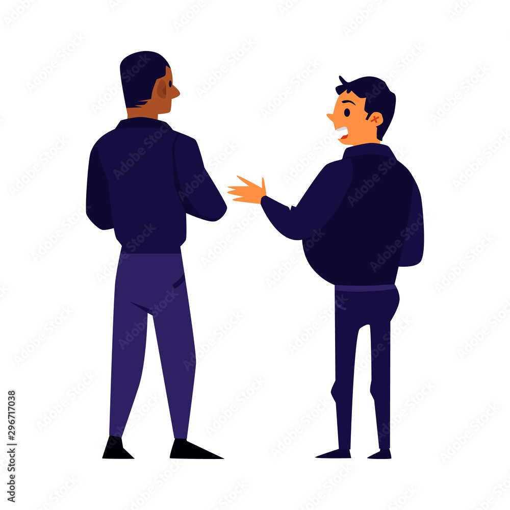 Two male security guards standing and talking - flat isolated cartoon characters