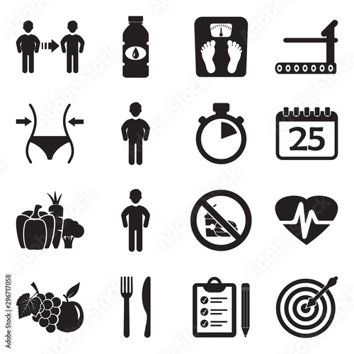 Lose Weight Icons. Black Flat Design. Vector Illustration.