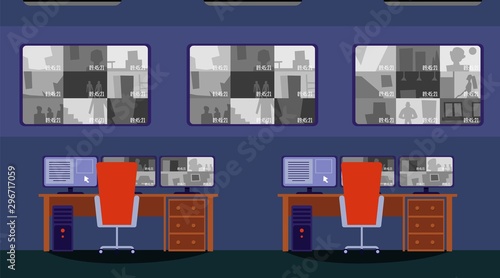 Empty security room interior with double computer desk with big monitor screens