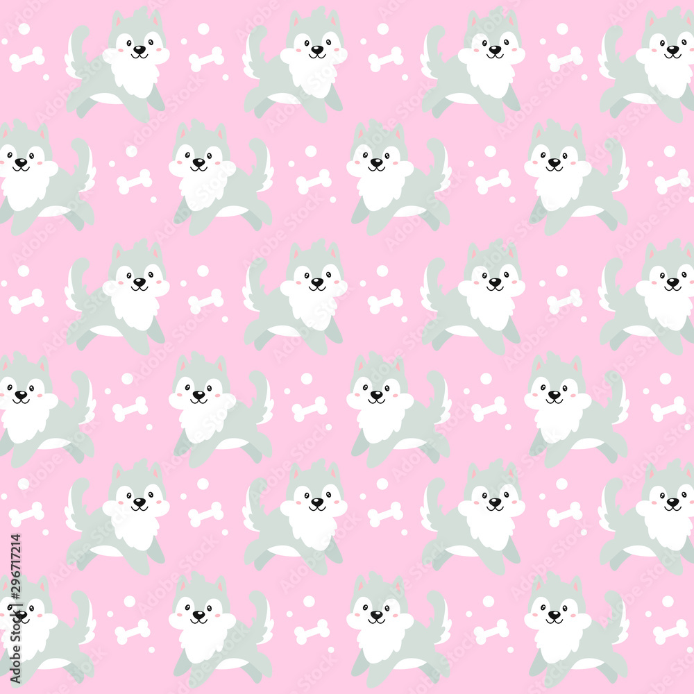 Vector pattern with kawaii cute dogs on a pink background. Joyful and happy cartoon puppies jump in different directions. Textiles for children's things.