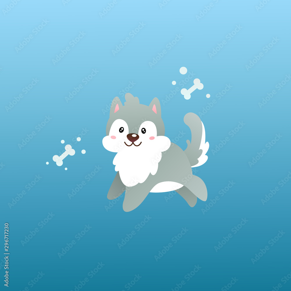 Vector gradient illustration with a cute dog on a blue gradient background. Gray husky puppy happy and joyful jumps forward. Near it are two sugar bones. Cartoon kawaii illustration for baby.