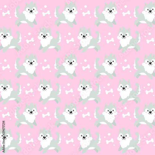 Vector pattern with kawaii cute dogs on a pink background. Joyful and happy cartoon puppies jump in different directions. Textiles for children s things.