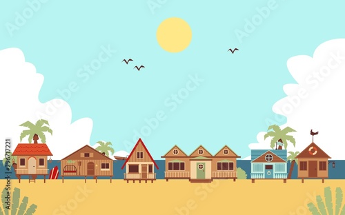 Tropical beach with resort houses or bungalows flat vector illustration.