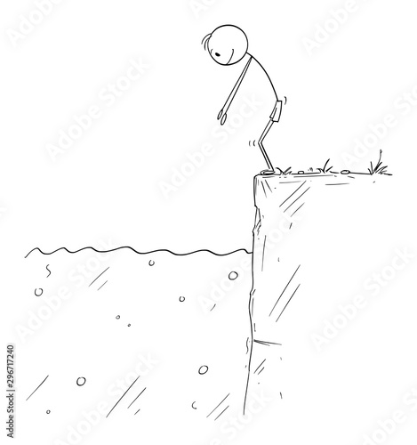 Vector cartoon stick figure drawing conceptual illustration of man or swimmer ready to jump in to water.