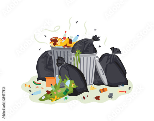 Garbage bags and waste cans stinking flat cartoon vector illustration isolated.