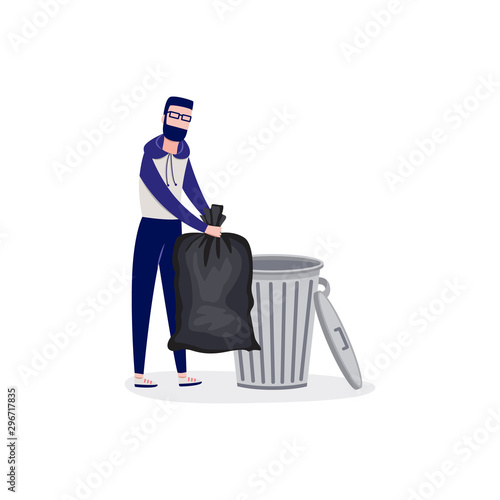 Man throws garbage bag into trashcan flat cartoon vector illustration isolated.