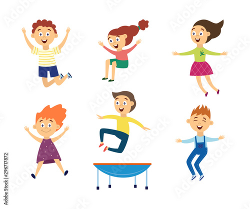 Set of children jump for joy on trampoline flat vector illustration isolated.