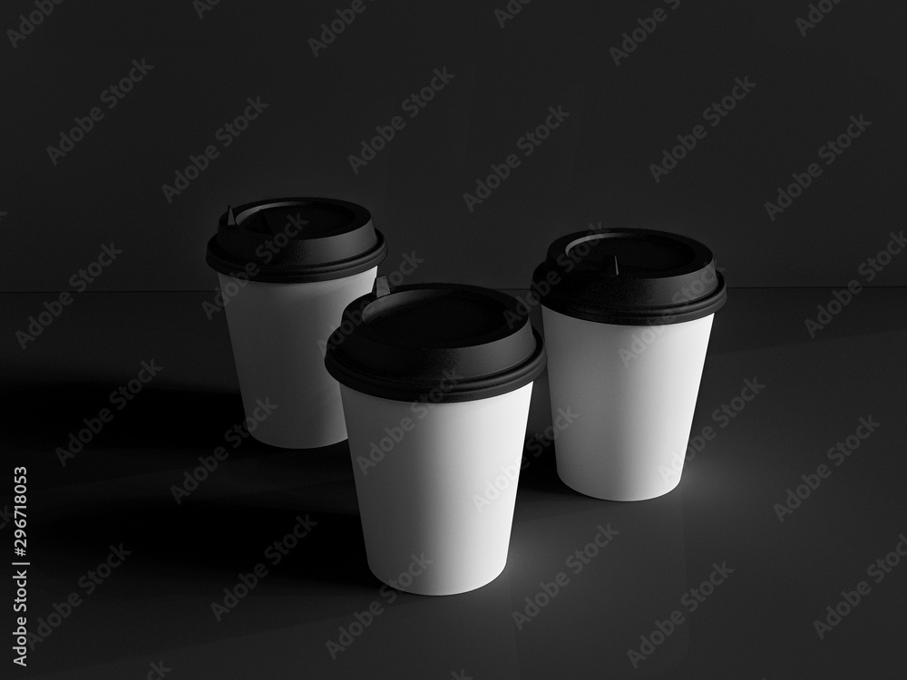 3d model of paper cups on the plane under natural light. Black background. 3d renderer. 3d model of paper cups on the plane under natural light. Black background. 3d renderer.