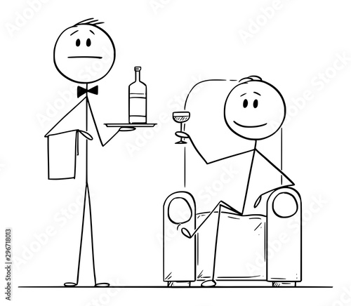 Vector cartoon stick figure drawing conceptual illustration of rich man sitting in armchair or chair, with glass in hand and his servant or valet in standing near and holding bottle on tray.
