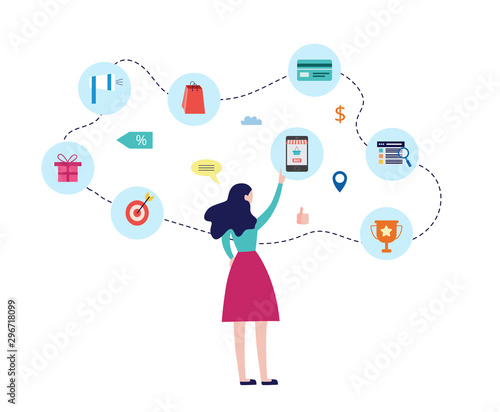 Customer journey a woman making choice online, flat vector illustration isolated.