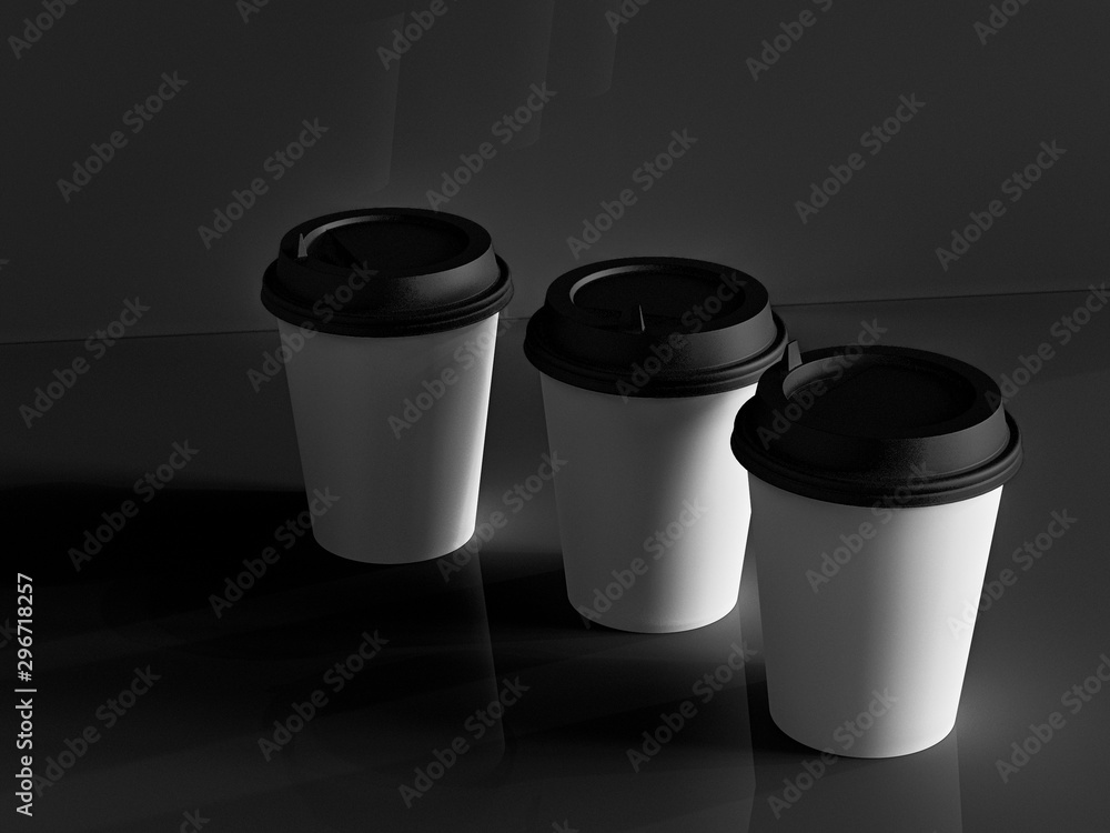 3d model of paper cups on the plane under natural light. Black background. 3d renderer. 3d model of paper cups on the plane under natural light. Black background. 3d renderer.