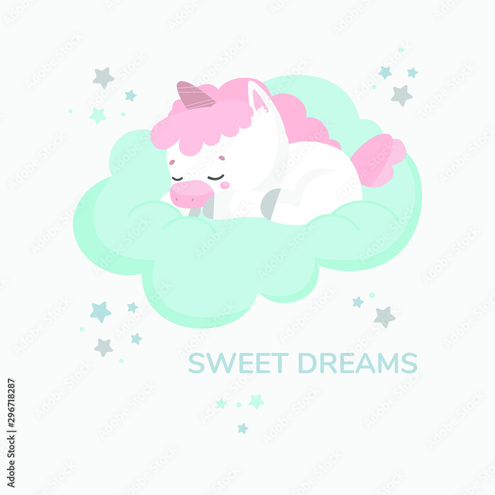 Vector illustration of a baby unicorn sleeping on a cloud. A white unicorn with a pink horn and hooves sleeps sweetly and dreams. Around a blue cloud on which a tiny little unicorn burns stars.