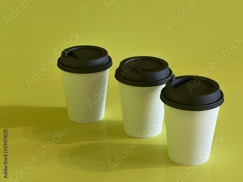 3d model of paper cups on the plane under natural light. Green background. 3d renderer. © Андрей Уханёв