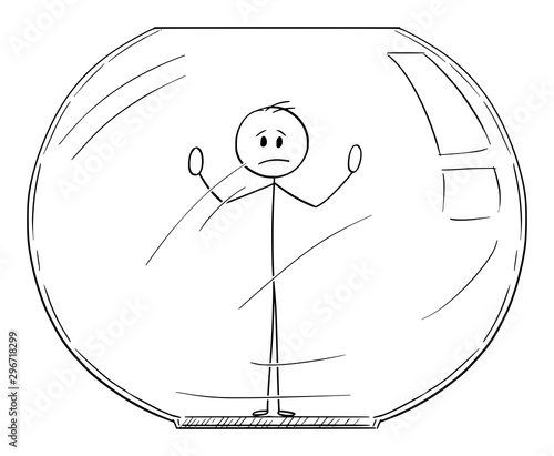 Vector cartoon stick figure drawing conceptual illustration of man or businessman trapped inside aquarium or fish tank. Business of psychiatric Concept.