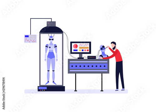 Scientist or engineer invents android robot, flat vector illustration isolated.