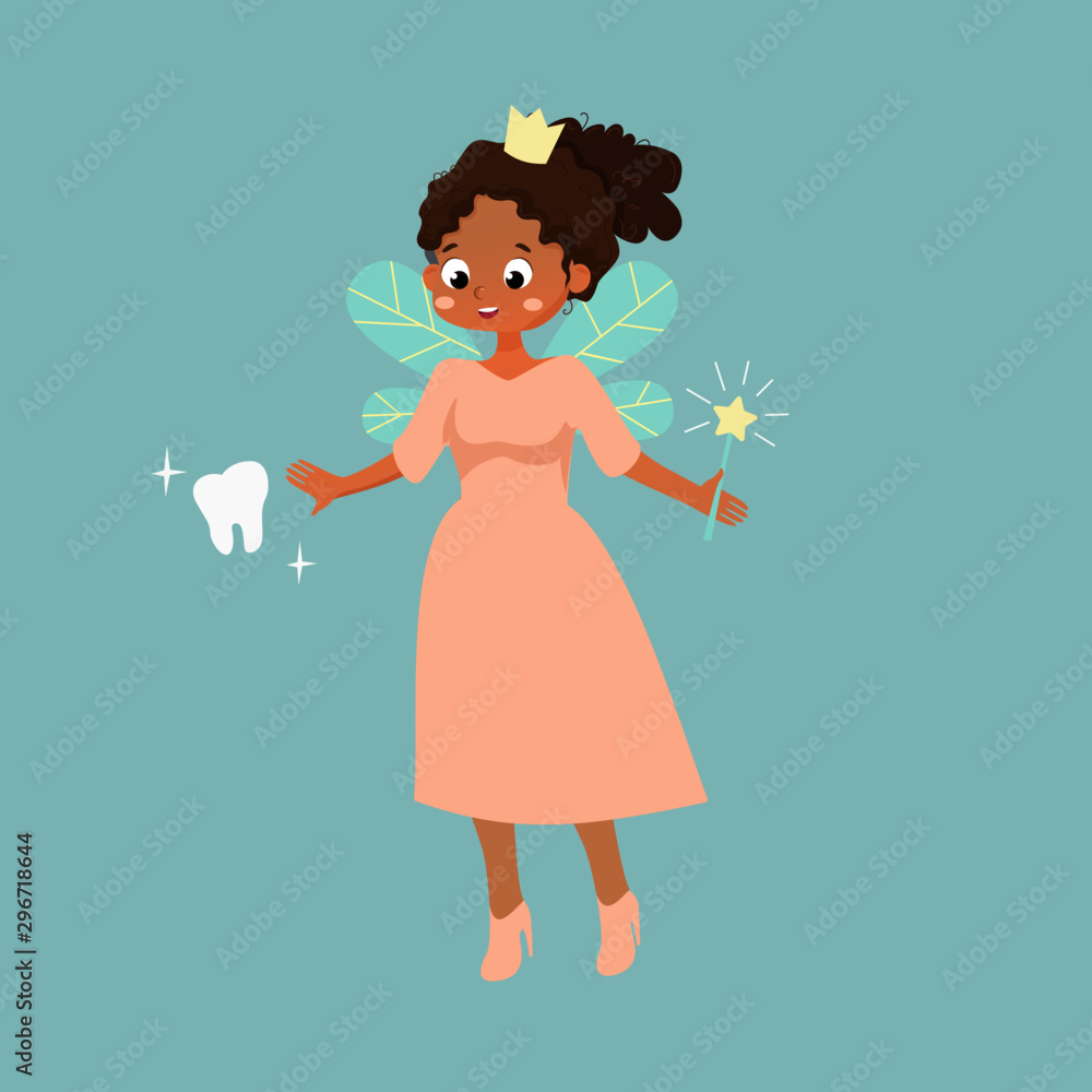 Young american afro girl tooth fairy. Vector illustration with white ...