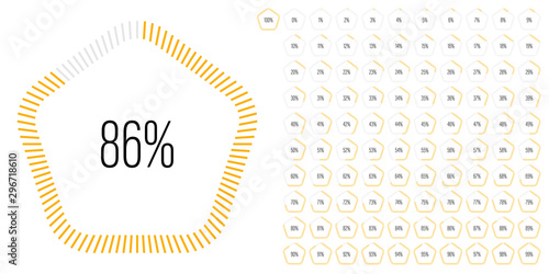 Set of pentagon percentage diagrams meters from 0 to 100 ready-to-use for web design, user interface UI or infographic - indicator with yellow