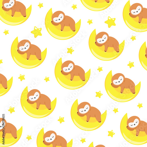 Vector pattern with baby sloth. Little sloth sleeps on the moon and has sweet dreams. There are yellow stars near the moon. Pattern for baby products.