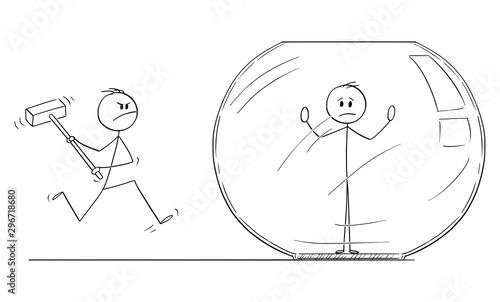 Vector cartoon stick figure drawing conceptual illustration of man or businessman trapped inside aquarium or fish tank. Friend or colleague is going to save him.