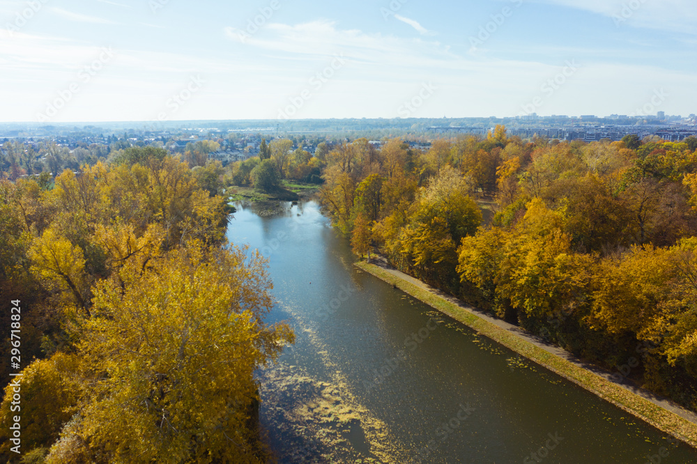 Beautiful river view with autumn trees. Drone flies along a river with yellow trees. Warsaw. Poland. Epic aerial flight over water. Colorful autumn trees in the daytime. Drone Shot 4K.