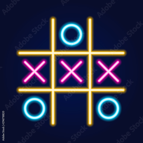 Tic tac toe game, linear outline icon. Neon style. Light decoration icon.