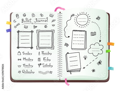 Bullet journal pages with doodle drawings and week layout