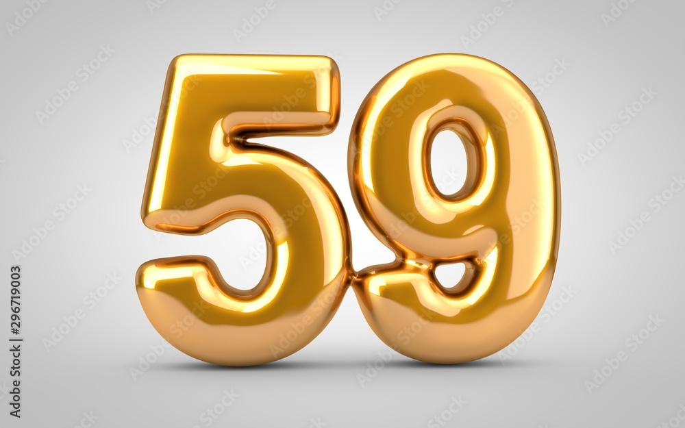 Obraz premium Golden metallic balloon number 59 isolated on white background.
