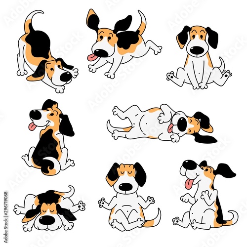 Set of various beagle funny cartoon dog poses vector illustrations isolated.
