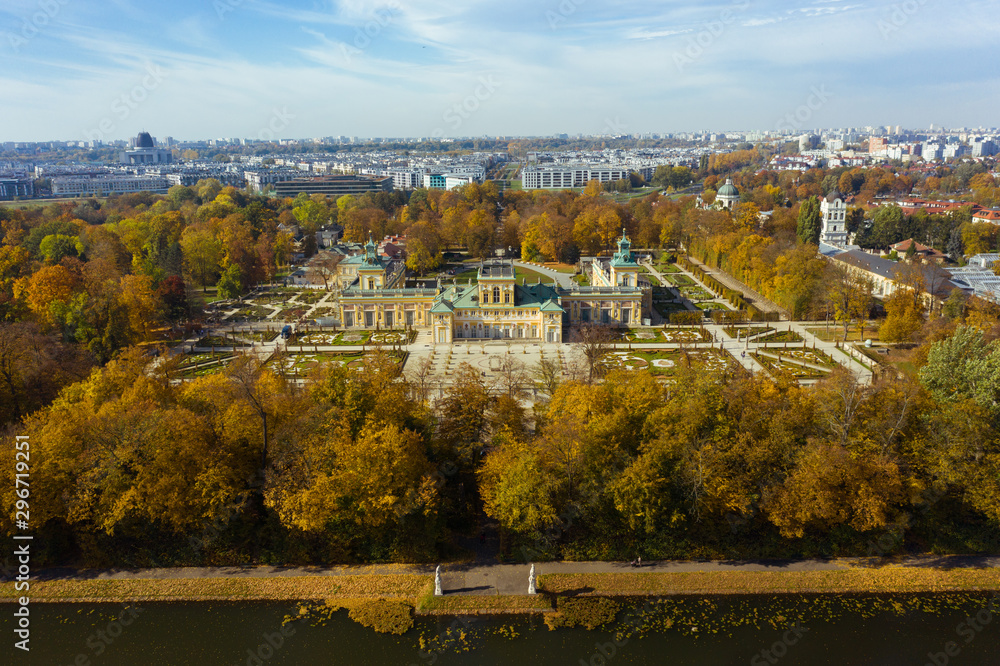Aerial view of the colonnade and formal garden of the Royal Palace of Warsaw, the official palace of the King and Queen of Poland in the historical center.