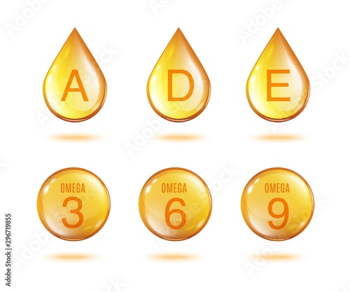 Golden vitamin oil drop set - isolated gold yellow drops and sphere capsules