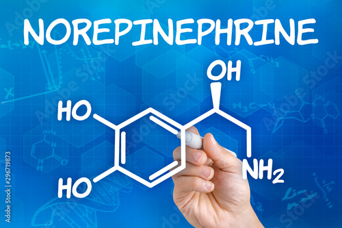 Hand with pen drawing the chemical formula of Norepinephrine
