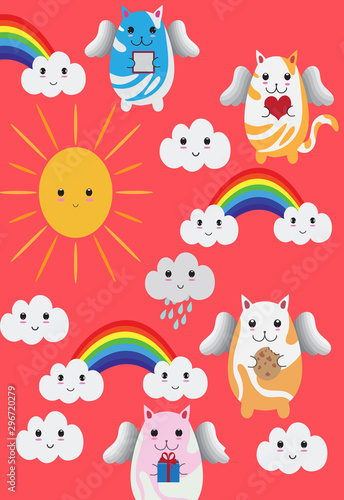 Fototapeta Naklejka Na Ścianę i Meble -  flying kitty pattern winged kawaii with cloud and rainbow 