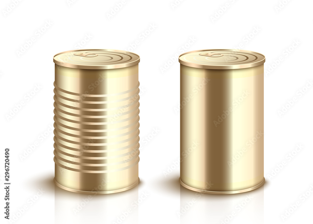 Set of food golden tin cans - 3d realistic vector mockup illustration isolated. Set of food golden tin cans - 3d realistic vector mockup illustration isolated.