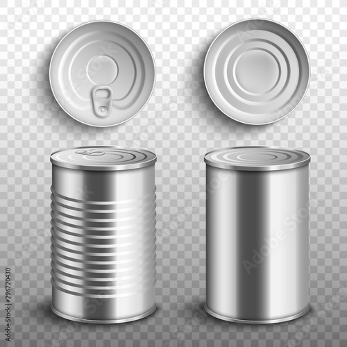 Set of food tin cans top and side view 3d realistic vector illustration isolated.
