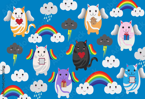 flying kitty pattern winged kawaii with cloud and rainbow 