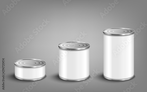 Set of various sizes food tin cans realistic vector mockup illustration isolated.