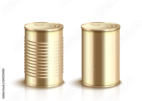 Set of food golden tin cans - 3d realistic vector mockup illustration isolated.