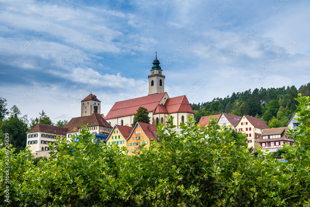 Germany, Beautiful cathedral and old town houses of black forest village horb am neckar surrounded by green trees with blue sky